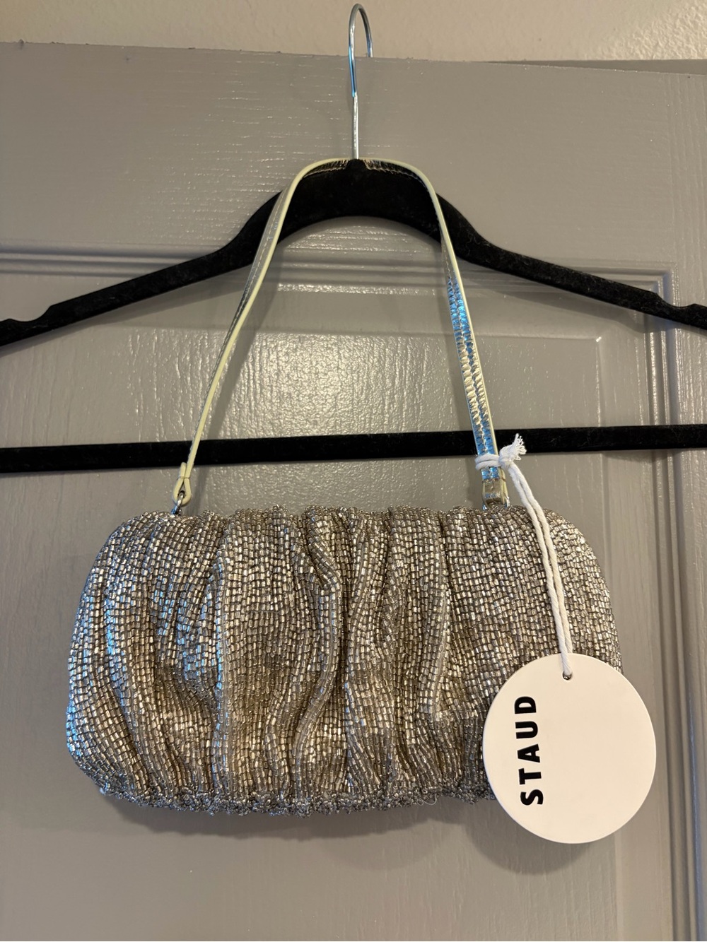 STAUD Silver Sequin Bean Shoulder Bag